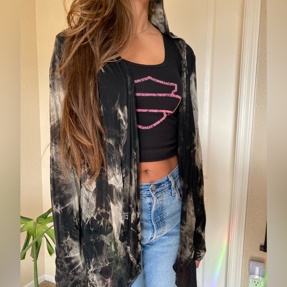 Harley-Davidson Black Tie-Dye Hooded Cardigan with crystals